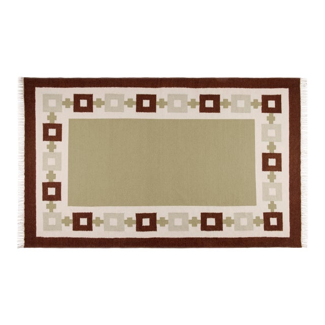 Part & Parcel Goods Wool Chain Rug 5' x 8', Sage, Chocolate, Celadon and Eggshell For Sale