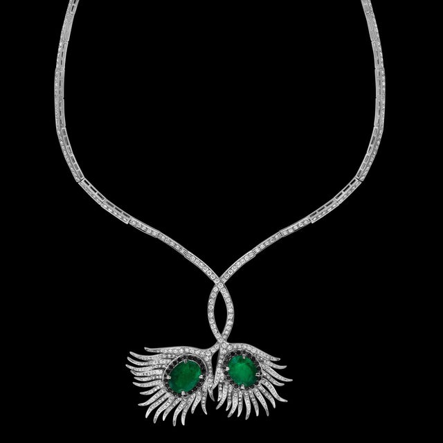 Modern Gia Certified 20ct Zambian Emerald & 15ct Diamond Necklace Earring Suite 18kwg For Sale - Image 3 of 8