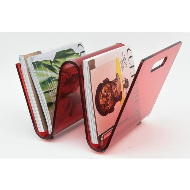 Vintage 1970's Italian Red Lucite and Chrome Two Part Magazine or Book Stand For Sale - Image 10 of 12