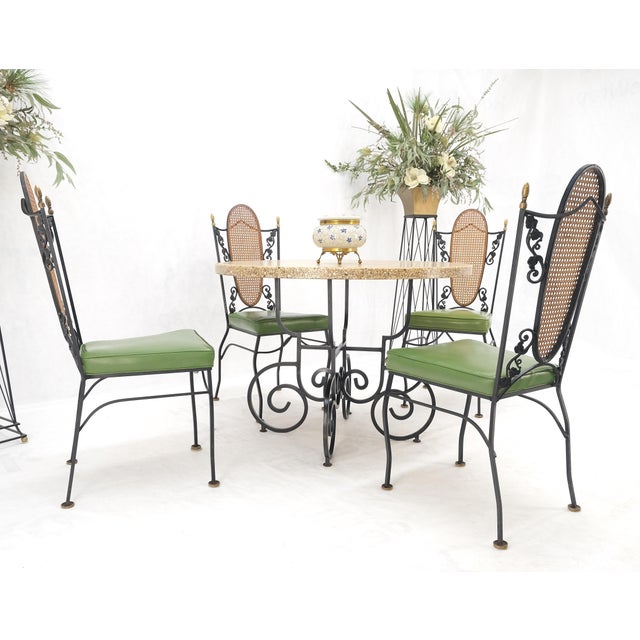 Mid-Century Modern Mid 20th Century Resin Cast Abalone Shell Round Top Outdoor Table 4 Cane Back Chairs Iron Set For Sale - Image 3 of 16