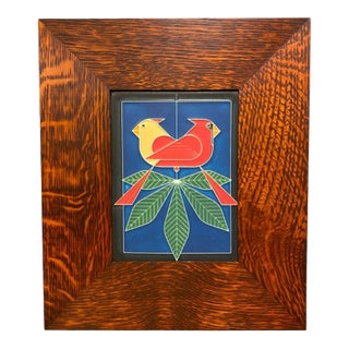 Motawi Tileworks Birds Tile "Cardinals Consorting" Based on Charley Harper Design, Oak Frame by Dard Hunter Studios For Sale
