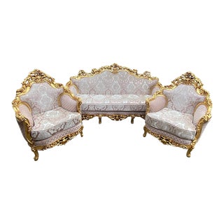 1900's French Louis Xvi Sofa Set in Gold Leaf Beech and Pale Pink Damask - 3 Pcs For Sale