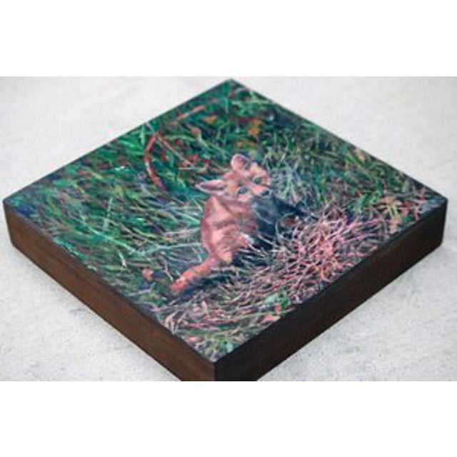 Figurative Bingo by Carrie Goller | Oil on Wood Panel Painting of a fox in grass For Sale - Image 3 of 3