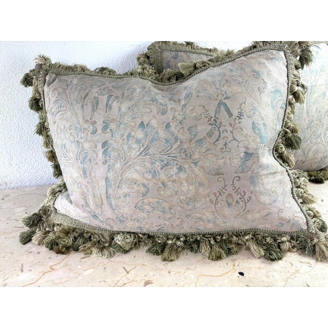 Olive Vintage Handcrafted Tasseled Italian Fortuny Pillows/a Pair For Sale - Image 8 of 11