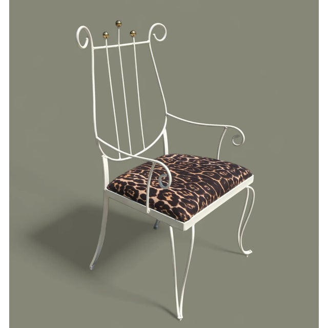 Vintage White Wrought Iron Lyre Arm Chair With Leopard Seat Cushion For Sale - Image 12 of 12