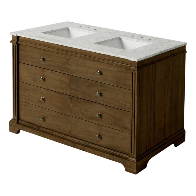 Rachelle 60 in. W Carrara Marble Top 6 Drawer Double Bathroom Vanity, Brown For Sale