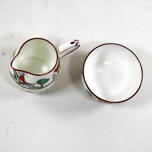 Ceramic Early 20th Century Crown Staffordshire Hunting Scene Mini Creamer Pitcher and Open Sugar Bowl For Sale - Image 7 of 8