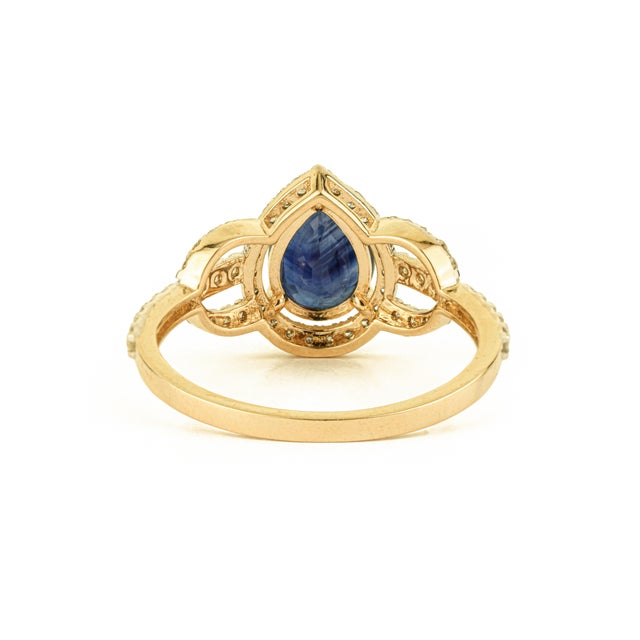 Classic Pear Cut Sapphire & Diamond Engagement Ring Size 8 in 14k Solid Gold For Sale - Image 10 of 17