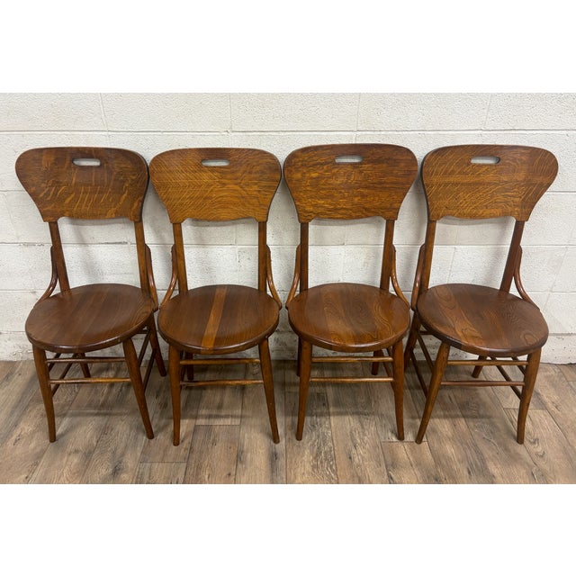 Antique Art Deco Style Tiger Oak Bentwood Bistro Dining Side Chairs - Set of 4 For Sale - Image 4 of 11