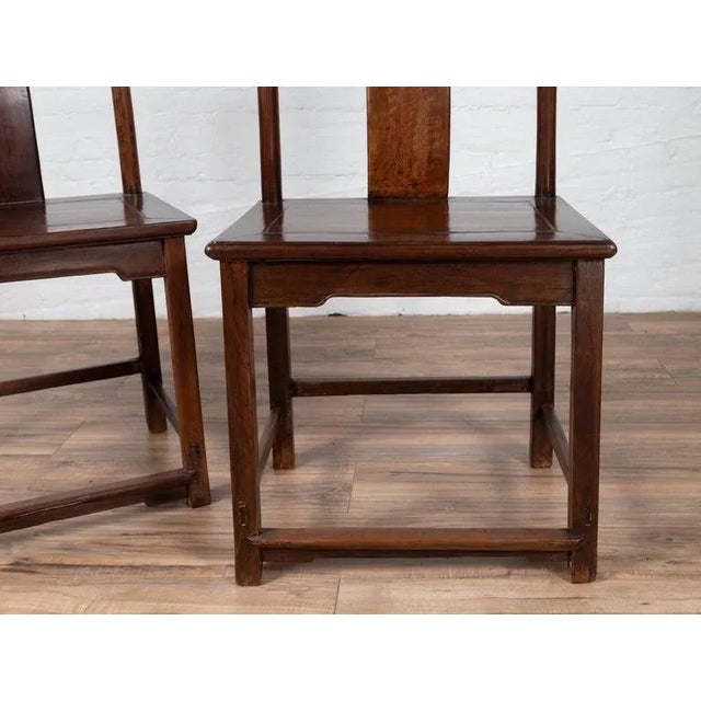 Chinese Chinese Elm Dark Patina Scholar's Ceremonial Chairs - a Pair For Sale - Image 3 of 13