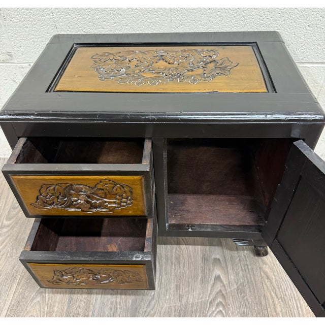 Asian Vintage Asian Carved Cabinet With Hand Carved Motifs For Sale - Image 3 of 12