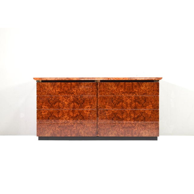 Italian Drawer Credenza in High Gloss Burl and Brass, Italy, 1970s For Sale - Image 4 of 15