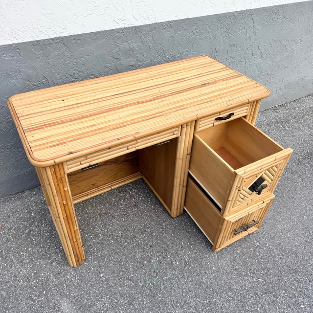 Vintage Boho Chic Pencil Reed Bamboo Writing Desk For Sale - Image 4 of 10