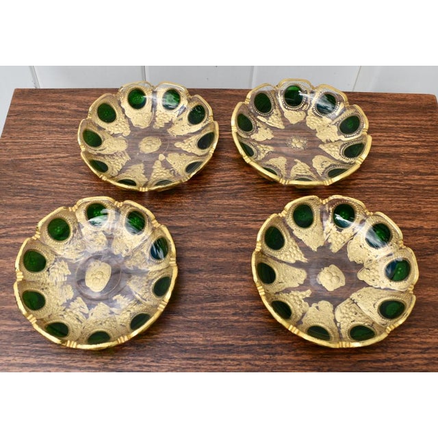 Vintage Set of Four Bohemian Moser Style Glass Small Plates in an Emerald & Gold For Sale - Image 13 of 13