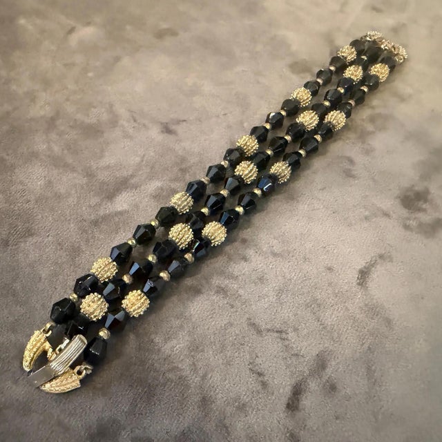 1980s 1980s Art Deco Style Black Cristal and Brass Multi Strand Bracelet by Trifari For Sale - Image 5 of 10