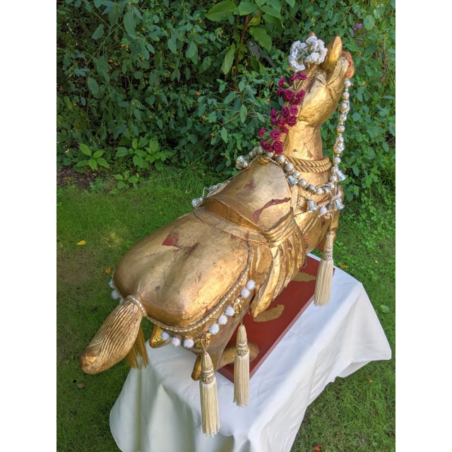 Gold Mid 20th Century XL Chinese Hand-Carved Gilt Wood Stylized Tang Horse Sculpture Statue Figure For Sale - Image 8 of 12