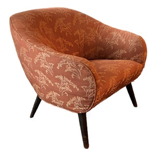 Mid Century Barrel Club Chair With Original Asian Damask Upholstery For Sale