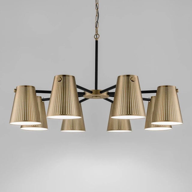 The Shield Chandelier Has Perforated Metal Conical Shades Giving A Warm Glow Through Opal Acrylic Liners. 2500k Filament...