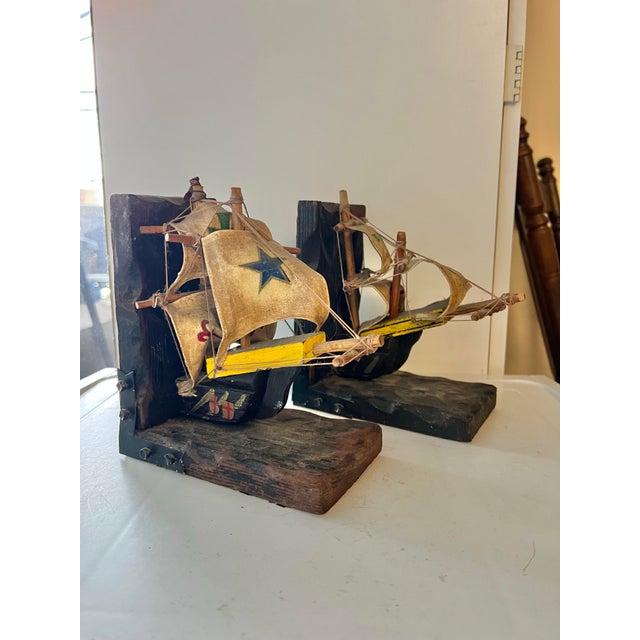 Vintage wood Pirate Ship Bookends Set of 2 Clipper Boat Sails Nautical. Measures 6” x 3 5/8” x 7 3/8” H. In good condition.