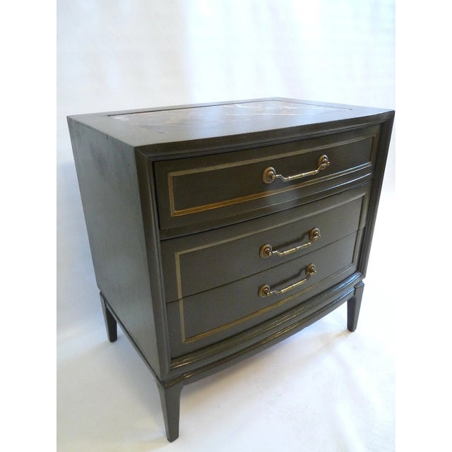 Beautiful, versatile AND solid mid-century chest of drawers finished in a hand applied dark taupe and topped with an...