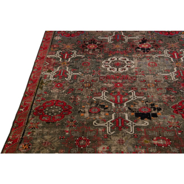 Antique Malayer Handmade Floral Pattern Brown Gallery Wool Rug For Sale - Image 9 of 11