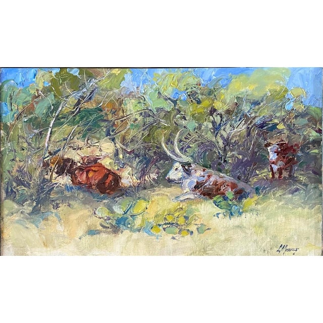 "Afternoon Shade" In Texas, the cattle rest in the shade of the Mesquite trees in the heat of the day. This plein air...