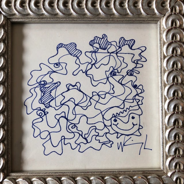 Original blue ink drawing on paper signed bottom right 5 x 5 overall size with vintage frame is 7 x 7 can be hung or stand...