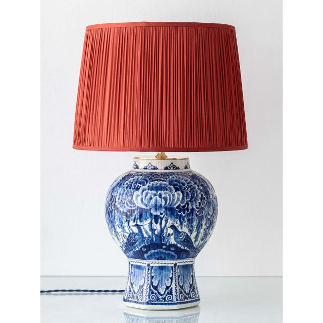 Large Blue and White Hand-Painted Table Lamp with New Terracotta Silk Lampshade from Royal Delft, 1948 For Sale - Image 16 of 16