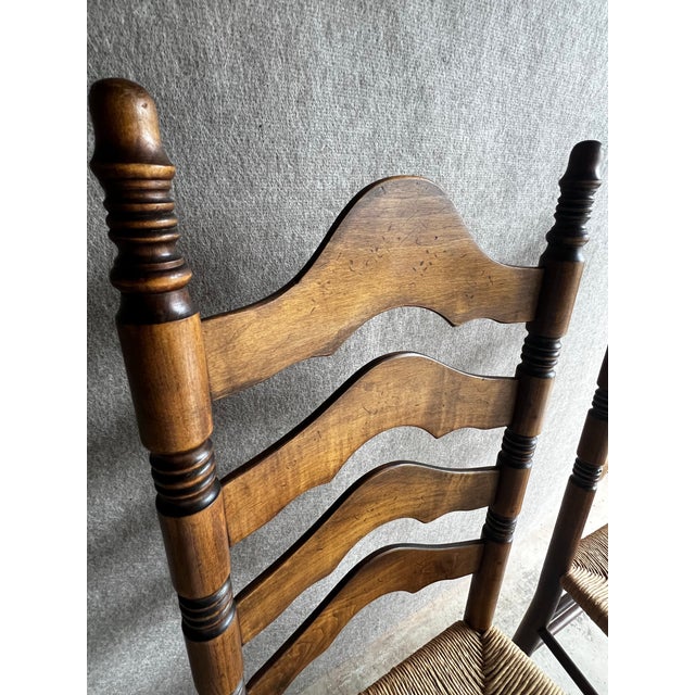 Wood Vintage Pair of French Country Ladder Back Rush Seat Chairs For Sale - Image 7 of 12