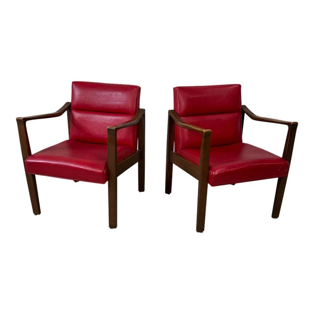 Mid Century Modern Pair of Red Vinyl Arm Chairs For Sale