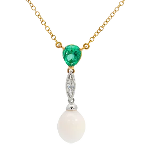 Vintage Natural Saltwater Conch Pearl & Emerald Drop 18k Gold Pendant Necklace