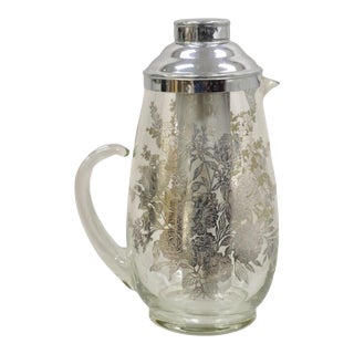 Early 20th Century Cambridge Floral Sterling Silver Overlay Glass Lemonade Pitcher With Ice Caddy For Sale