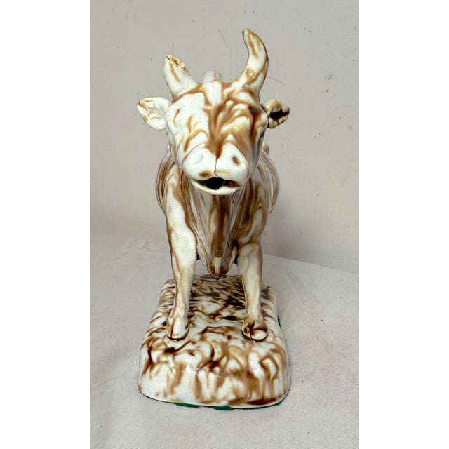 Antique Staffordshire Pottery Brown Drip Glaze Figural Cow Creamer For Sale - Image 12 of 15