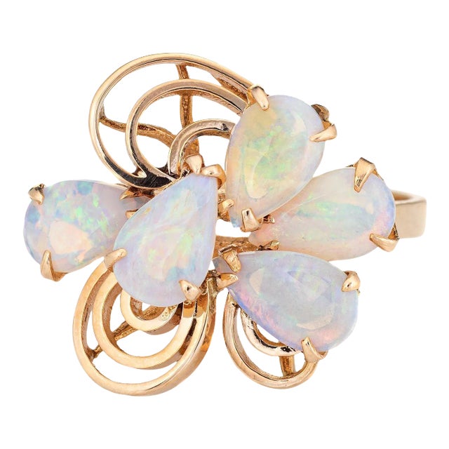 Vintage Opal Ring 14k Yellow Gold Mosaic Cocktail Fine Estate Jewellery size 6.5 For Sale