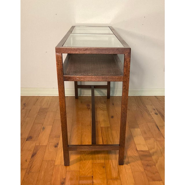 1970s Console Sofa Table Glass Top With Caned Shelf Midcentury Modern For Sale - Image 4 of 12