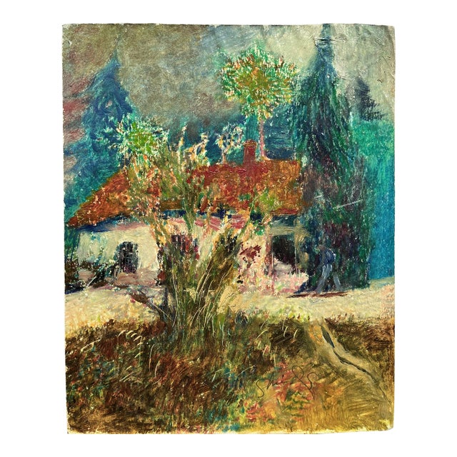 Garden Cottage Acrylic Painting on Board, Signed, 1990s, 10x8 For Sale