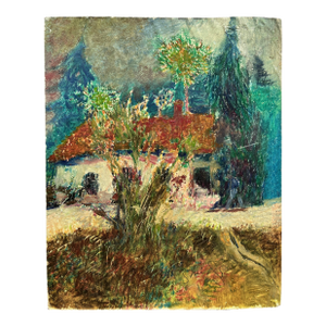 Garden Cottage Acrylic Painting on Board, Signed, 1990s, 10x8