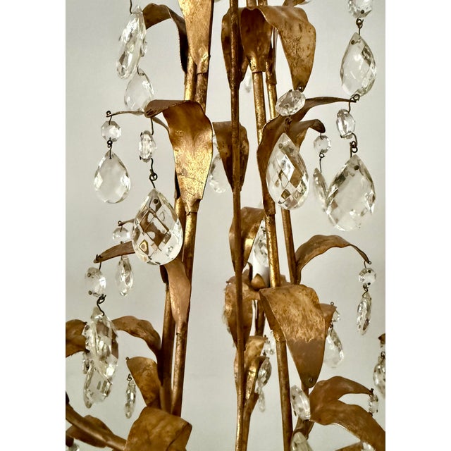 Mid 20th Century Hollywood Regency Gilt Tole Leaf & Crystal 5-Light Chandelier For Sale - Image 4 of 12