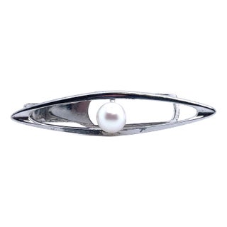 1990s Mikimoto Estate Akoya Pearl Men Tie Clip Silver 7 mm For Sale