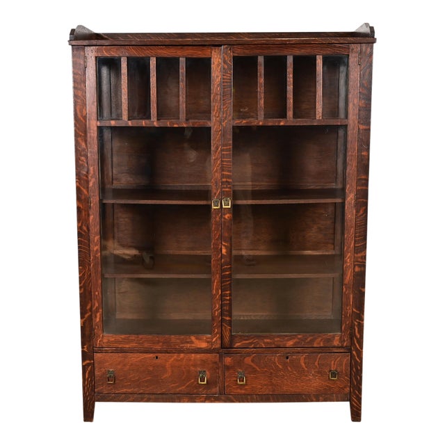 Limbert Style Antique Mission Oak Arts and Crafts Bookcase Cabinet, Circa 1910 For Sale