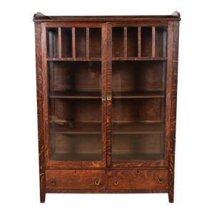 Limbert Style Antique Mission Oak Arts and Crafts Bookcase Cabinet, Circa 1910