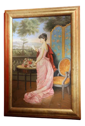 Portrait of Italian Lady with Florentine Landscape, 1890, Oil on Canvas, Framed