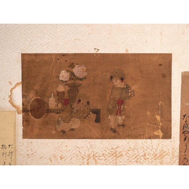 Antique Japanese Two-Panel Screen with Painting Collage, 1900 For Sale - Image 3 of 13