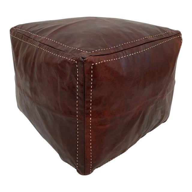 Square Brown Oxblood Red Embroided Moroccan Leather Pouf Cover For Sale