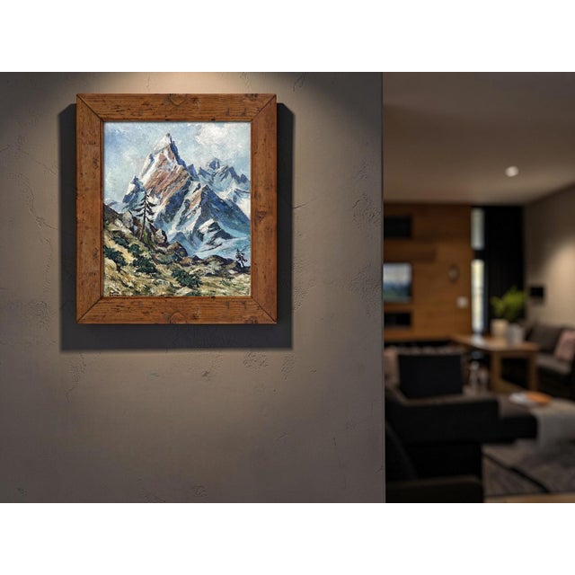 Austrian Alpine Landscape – Oil on Panel, Mid-20th Century This oil painting depicts a mountain range with a dominant...