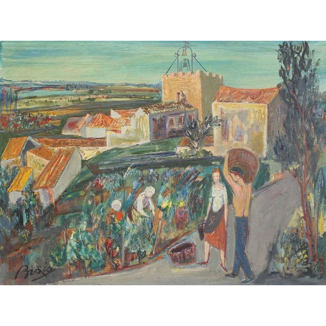 Le petit village' (languedoc), grape harvest, oil on canvas by paul braig (circa 1950s). The grape harvest is under way in...