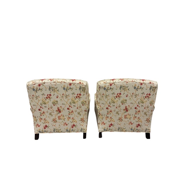 Lee Industries Pair of Lee Industries Floral Upholstered Lounge Chairs With Brass Casters For Sale - Image 4 of 12