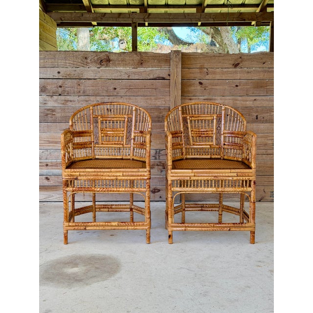 A Pair-Restored Thomasville Brighton Pavilion Scorched Bamboo Armchairs For Sale - Image 11 of 12