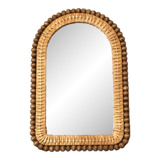 Vintage Arched Wall Mirror | Rattan and Wooden Bead Frame For Sale