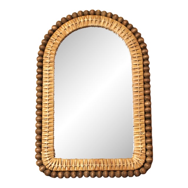 Vintage Arched Wall Mirror | Rattan and Wooden Bead Frame For Sale